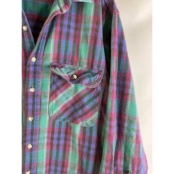 Vintage 90s Fivebrother Rainbow Plaid Flannel Chamois Button Shirt - Picture 3 of 7